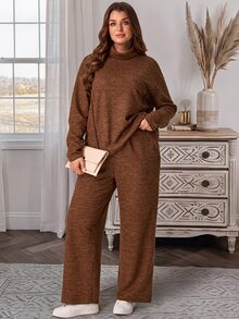 EMERY ROSE 2pcs Set Plus Size Women's Autumn/Winter Casual Country Vacation Brown T-Shirt And Pants 2 Pieces Set With Pockets,Fall, Loungewear,Modest Outfits - Brown - View 8
