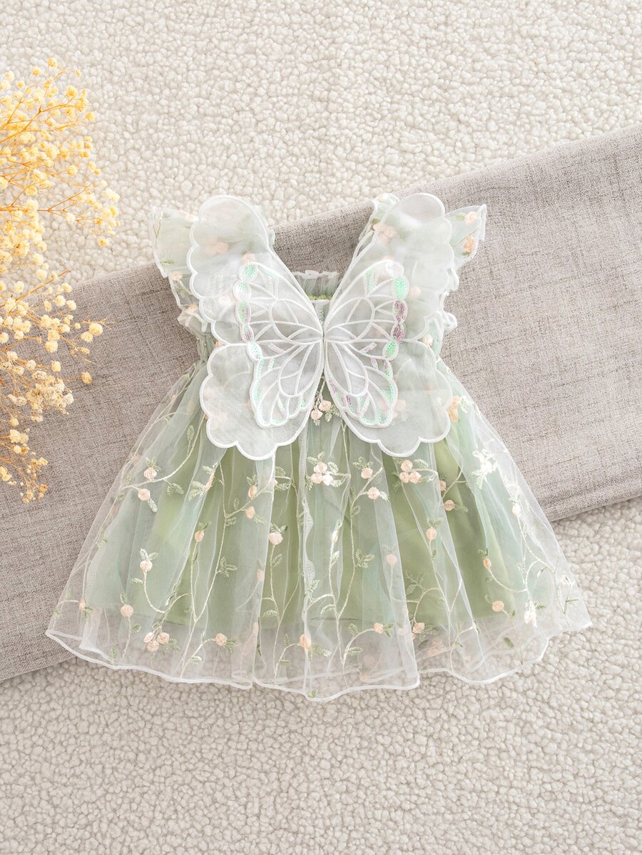 SHEIN 新生女嬰可愛優雅夏季網紗花卉刺繡洋裝 - 薄荷綠 - 查看 1