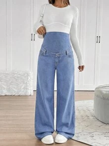 SHEIN 孕婦休閒水洗直筒牛仔褲 - 中等水洗藍 - 查看 3