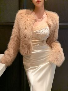 DAZY Pink Plush Faux Fur Jacket With Pearl Button Decor, Loose Short Long Sleeve Sweet Style - Khaki - View 4