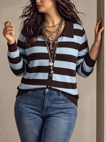 Linhara CURVE Cardigan Rajut Kancing Tunggal Bergaris Motif Blok Warna Ukuran Plus untuk Musim Dingin - Coffee Brown - View 3