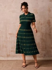 Veslaya Plus Size Women's Colorblock Casual Everyday Knit Dress - Dark Green - View 3
