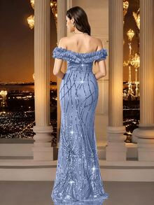 Coutiva 秋冬優雅亮片拼接性感單肩荷葉邊下擺修身魚尾裙正式晚禮服，適合派對穿著、婚禮賓客、畢業典禮 - 淺藍色 - 查看 2