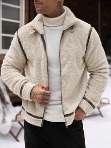 Manfinity CasualCool 男士翻領拉鍊仿羊羔毛短絨毛飛行員夾克 - 卡其色 - 查看 5