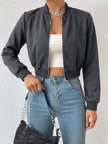 SHEIN EZwear 春季服飾 素色拉鍊短版飛行夾克 - 深灰色 - 查看 1
