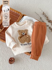 SHEIN 新生兒秋季風格3件套服裝組合，94%棉熊刺繡衛衣、羅紋長褲與針織帽，柔軟透氣冬季衣物 - 卡其色 - 查看 4