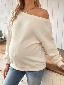 DAZY Solid Color Loose Asymmetrical Shoulder Long Sleeve Casual Vacation Korean Style Spring Autumn Maternity T-Shirt - Yellow - View 4