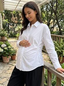 Dazy Maternity Solid Color Fitted Pleated Long Sleeve White Shirt Casual Korean Style Spring/Autumn Maternity Top - White - View 7