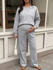Dazy Maternity 圓領寬鬆短袖上衣與鬆緊腰短褲休閒運動孕婦兩件套裝 - 灰色 - 查看 7