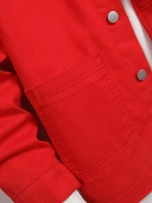 SHEIN Little Byeori جاكيت كاجوال عصري للأولاد المراهقين باللون الأحمر من الدنيم مع رقعات محبوكة بغطاء رأس وقصة فضفاضة وأكمام طويلة - الأحمر - مشاهدة 3