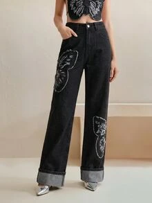 Anewsta Women's Personalized Fashionable Luxurious Embroidered Straight Leg Jeans - Black - View 1