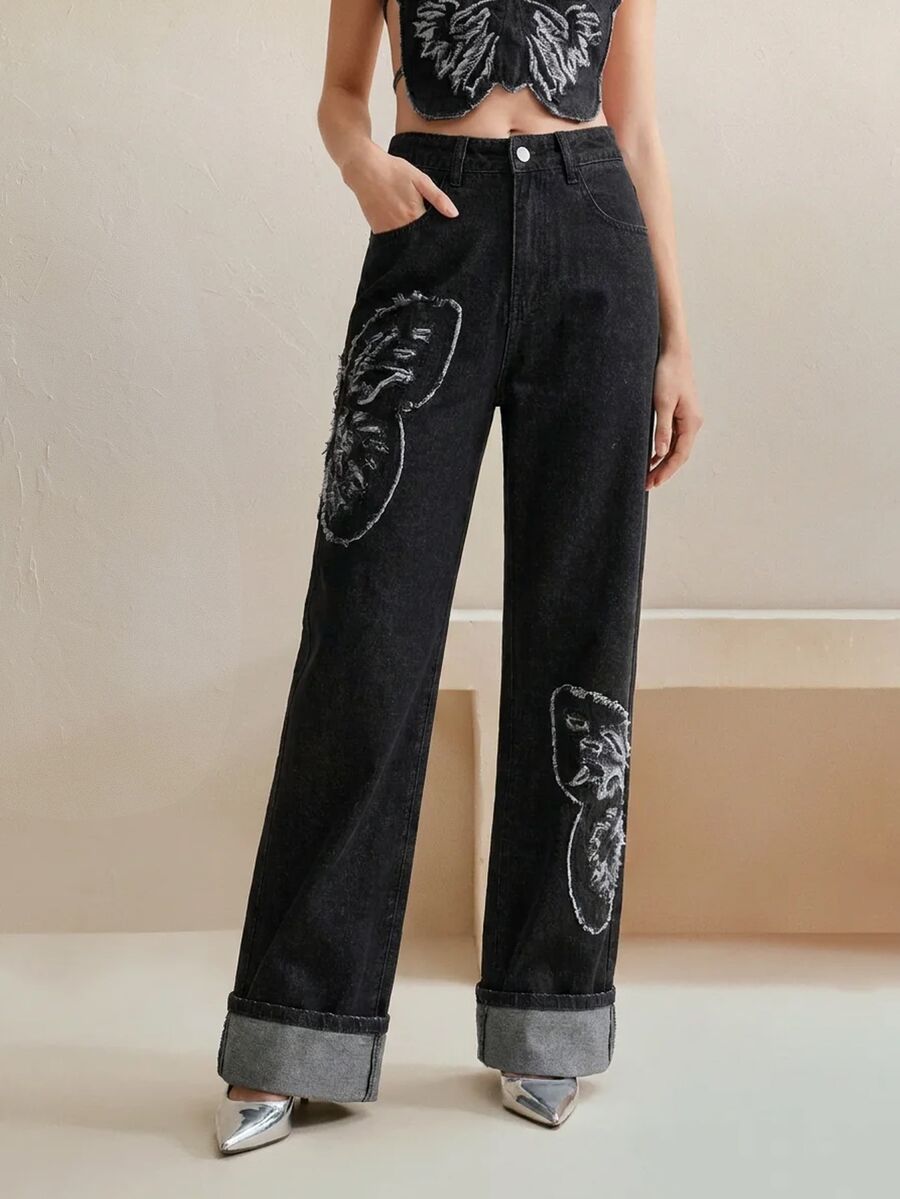 Anewsta Women's Personalized Fashionable Luxurious Embroidered Straight Leg Jeans - Black - View 1