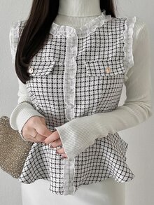 FRIFUL Women's Elegant Commuter Plaid Frill Trim Tank Top With Waist Belt Fall - White - View 4