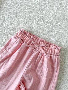 SHEIN 女童春秋花苞腰結休閒長褲，3-7歲，純色寬鬆直筒百搭小女孩長褲 - 粉色 - 查看 7