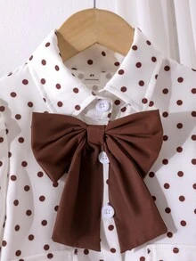 SHEIN 女童春/秋返校學院風套裝，大蝴蝶結裝飾，長袖西裝上衣搭配垂墜寬腿褲，時尚休閒套裝，適合上學、日常穿著、輕便聚會等多場合 - 杏色 - 查看 6