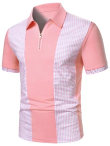 Calvornis 男士幾何印花短袖休閒通勤 Polo 衫 - 淺粉色 - 查看 1