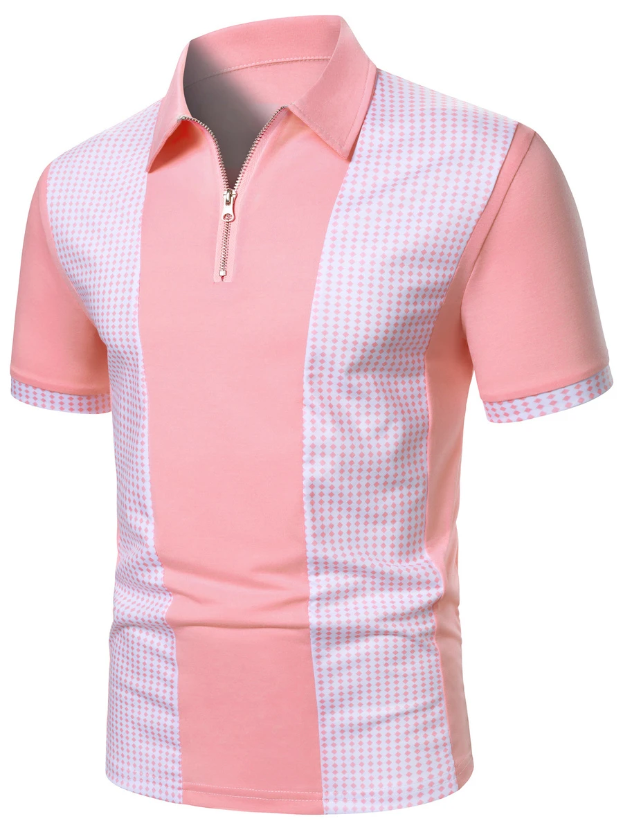 Calvornis 男士幾何印花短袖休閒通勤 Polo 衫 - 淺粉色 - 查看 1