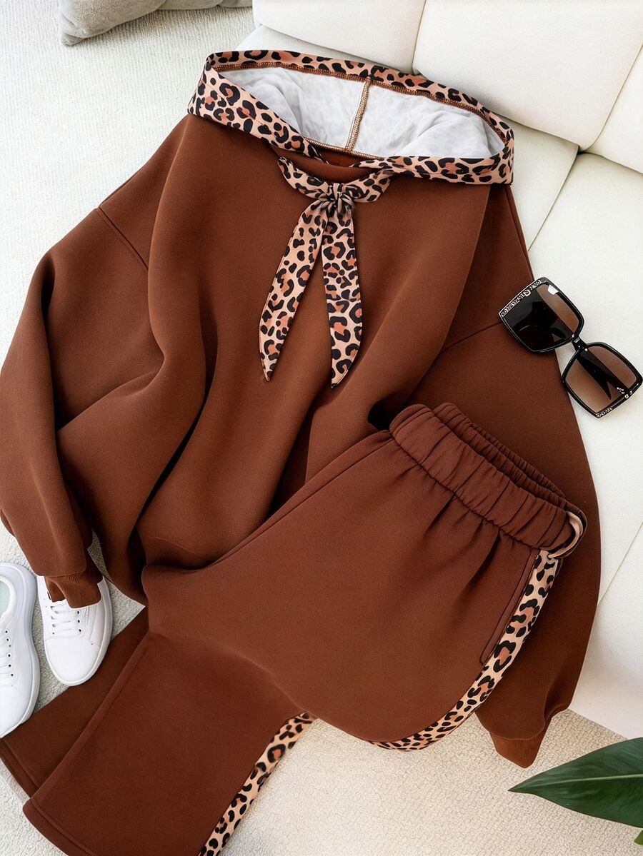 GlowEve Leopard Print Animal Pattern Patchwork Bowknot Decor Fashion Vintage Commute Casual Sweatshirt & Pants 2pcs Set For Women - Multicolor - View 1
