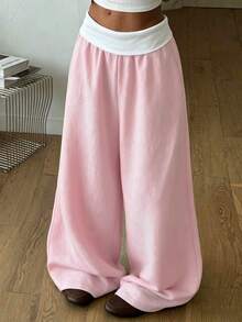 SHEIN 青少年女孩拼接配色百褶休閒百搭日常寬腿運動長褲 - 粉色 - 查看 1