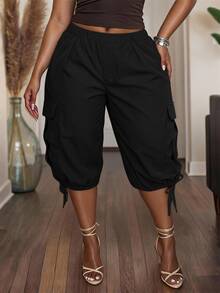 Slaydiva Plus Size Casual Versatile Ruched Tie-Up Capri Pants - Black - View 1