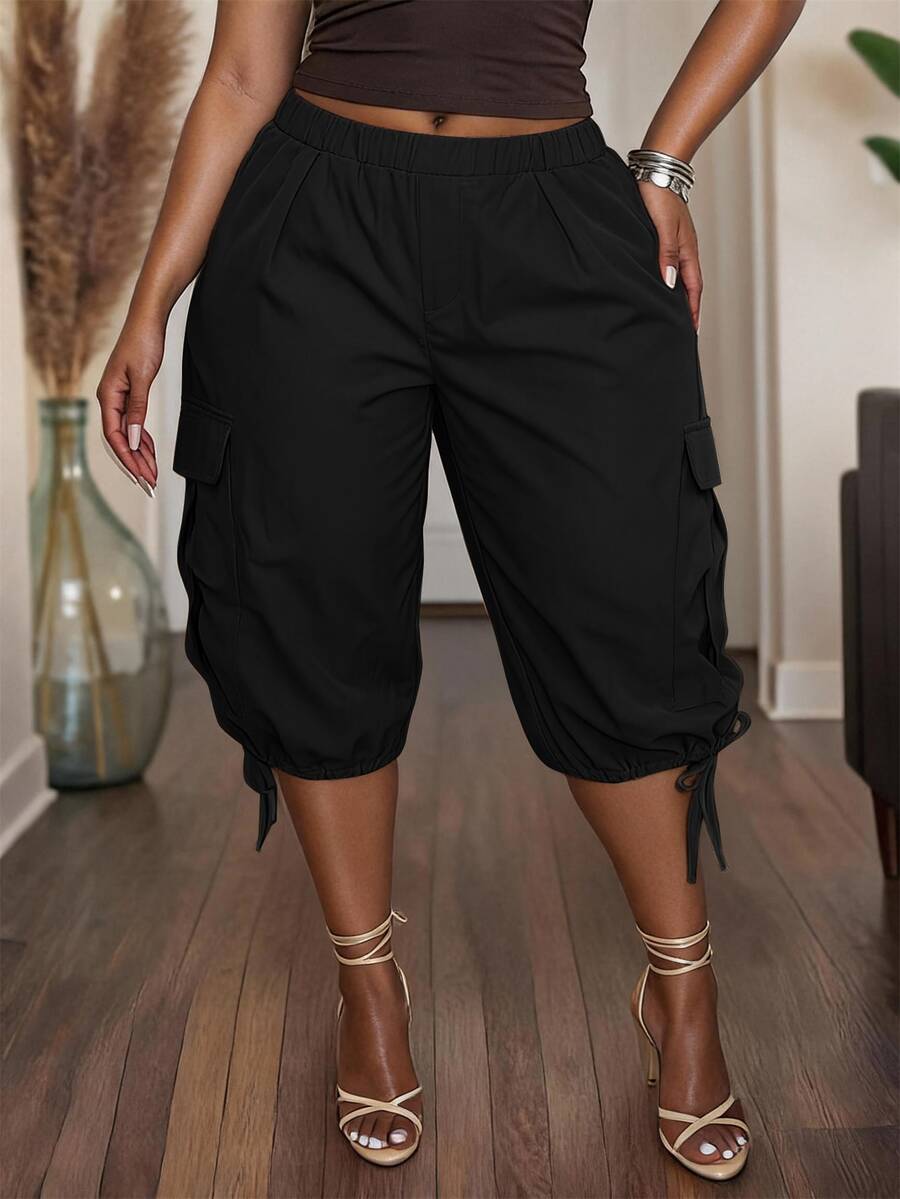 Slaydiva Plus Size Casual Versatile Ruched Tie-Up Capri Pants - Black - View 1