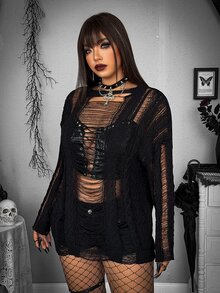 SHEIN Whyspr Plus Size Distressed Hollow Out Cable Knit Long Sleeve Top, Y2K Ripped Sheer Fringe Sweater, Spring Summer See Through Loose Grunge Knit Cover Up Shir - Black - View 3