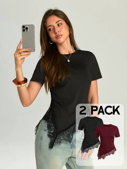 Firerie Camiseta de mujer minimalista elegante casual para uso diario, vacaciones y desplazamientos, corte slim fit, negra, manga corta, cintura ceñida, bajo asimétrico con ribete de encaje, 2 piezas de camiseta con encaje en contraste