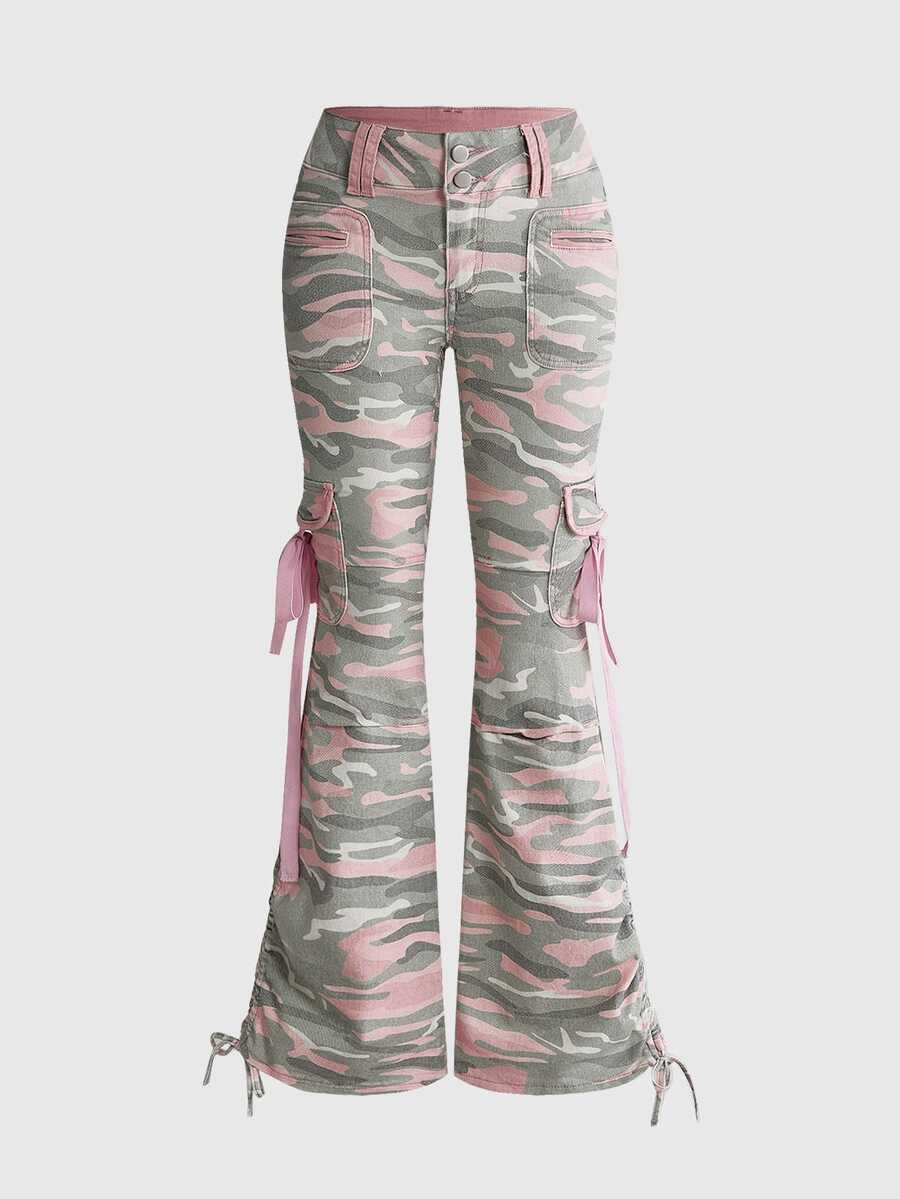 ROMWE Y2K Women's Camouflage Pattern Cargo Pocket Flare Jeans - Multicolor - View 1