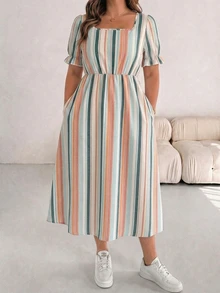 SHEIN Essnce 大尺碼女款條紋百褶休閒日常夏季洋裝 - 彩色 - 查看 3