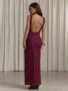 Aloruh Women's Autumn/Winter Elegant Sequin Floral Embroidered Backless Mermaid Dress - Burgundy - View 3