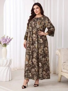 Veilorie Plus Size Elegant Floral Print Lace Patchwork Dress - Multicolor - View 8