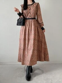FRIFUL Women's Rust Round Neck Long Sleeve Button Half-Placket Casual Vintage Elegant Midi Dress Brunch High Tea Autumn Winter High Tea Date Night - Brown - View 2