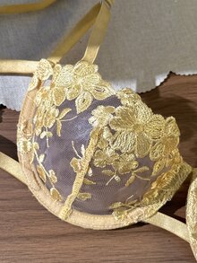 SHEIN 女款天藍色刺繡綁帶內衣套裝 2件組 - 金色 - 查看 6