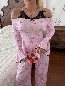 CottageSlumber Women's Knit Bow Print Lace Patchwork Ruffle Long Sleeve Long Pants Pajama Set - Pink - View 5