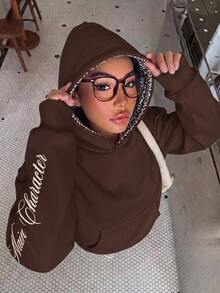 SHEIN 青少年女孩豹紋英文字母連帽寬鬆休閒衛衣 - 棕色 - 查看 4