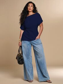 SHEIN BAE CURVE 大尺碼女款夏季優雅純色不對稱領側開衩上衣 - 藏蓝色 - 查看 4