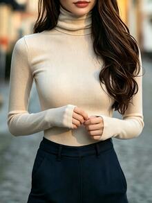 SHEIN Classic Solid Color Ruched Turtleneck Long Sleeve Base Layer Top For Women, Slim Fit, Elastic, Minimalist Daily Commute Innerwear, Versatile Slimming Solid Color Ruched Neck Long Sleeve T-Shirt, Spring/Autumn Layering Piece - Apricot - View 3