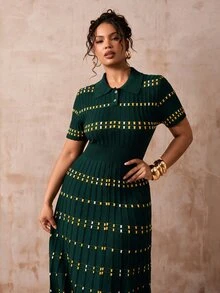 Veslaya Plus Size Women's Colorblock Casual Everyday Knit Dress - Dark Green - View 6
