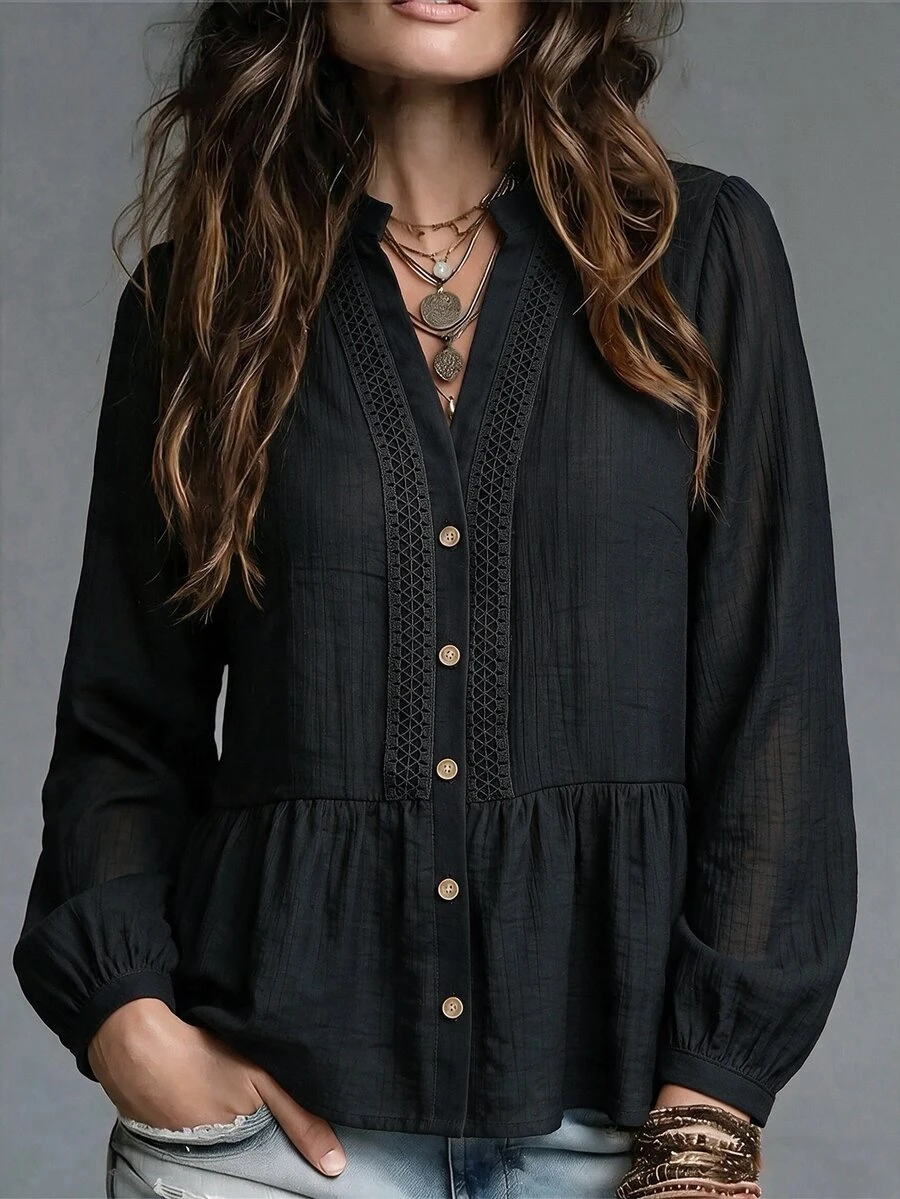 Breezaya Women's Fashion Casual Lace Button-Up Shirt - Black - View 1