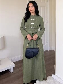 Solavon New Design Modern Chinese Style Frog Button Cinched Waist Slimming Elegant Daily Versatile Green Striped Dress - Army Green - View 3