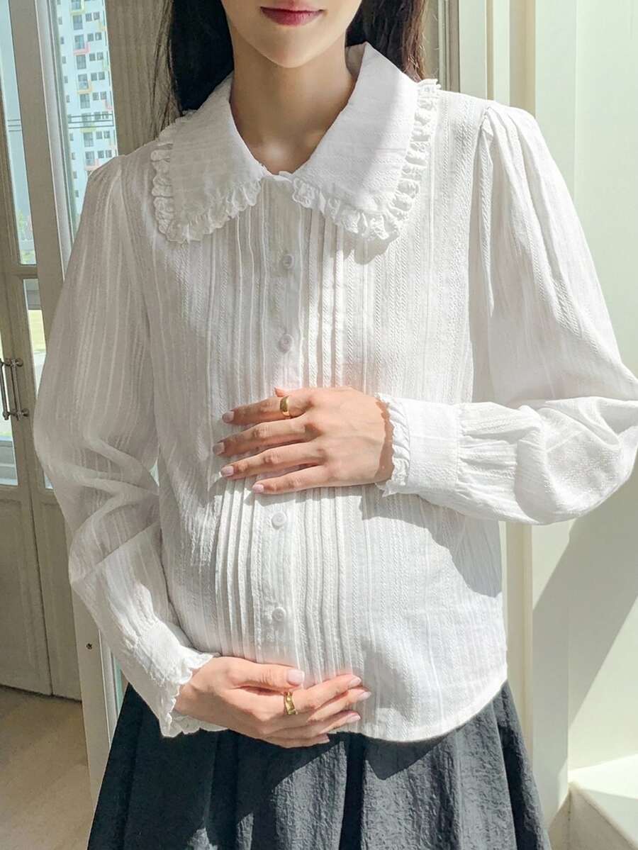 Dazy Maternity Solid Color Loose Long Sleeve Peter Pan Collar Textured Fabric Casual Everyday Versatile Spring Autumn Shirt Maternity Top Vacation - White - View 1