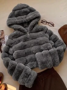 SHEIN EZwear 女款休閒舒適人造毛長袖秋冬夾克 - 深灰色 - 查看 3