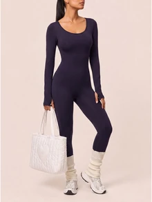 SHEIN BAE Women Dark Purple Seamless Backless Athletic Jumpsuit Gym Workout Training Running Yoga Sports Bodysuit - Bold Plum - View 6