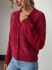 SHEIN 女款素色休閒百搭日常穿著開襟衫 - 中紫紅色 - 查看 7