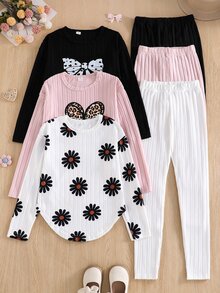 SHEIN Girls' 3pcs Knit Fuzzy Ribbed Sweatshirt & Pants Set, Ribbed Print Pattern With Leggings, Casual Fashion Minimalist Comfortable, Suitable For Indoor/Outdoor, Back To School - Multicolor - View 7