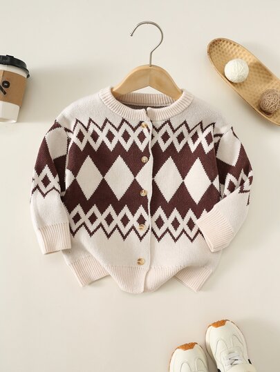SHEIN 1pc Young Boys Casual Retro Cute Handsome Korean Style Striped Argyle Pattern Long Sleeve Cardigan Sweater, Suitable For Outings, School, Vacation, Autumn/Winter, Back To School Season