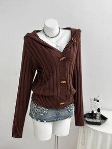 Elamini Women's Solid Color Casual Versatile Daily Wear Hooded Cardigan - Brown - View 1