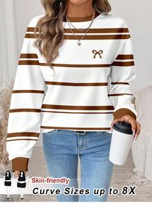 SHEIN CURVE+ 大尺碼休閒極簡咖啡色條紋印花圓領長袖寬鬆女款衛衣，白色衛衣秋季款 - 彩色 - 查看 1
