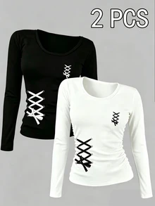 Teen Girls Fall Waist Strap Graphic Fitted Long Sleeve T-Shirt 2 Pcs, Casual Autumn Fall Tops - Multicolor - View 1