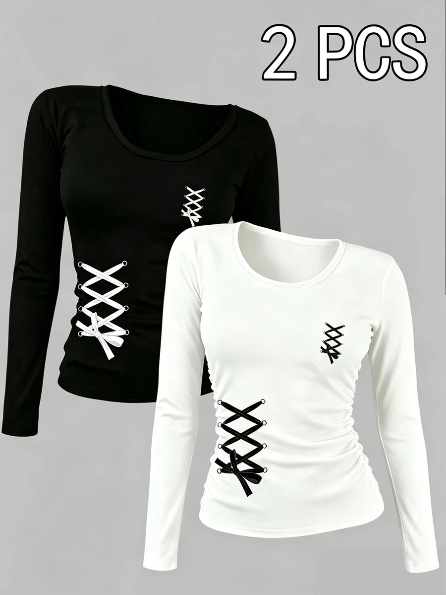 Teen Girls Fall Waist Strap Graphic Fitted Long Sleeve T-Shirt 2 Pcs, Casual Autumn Fall Tops - Multicolor - View 1